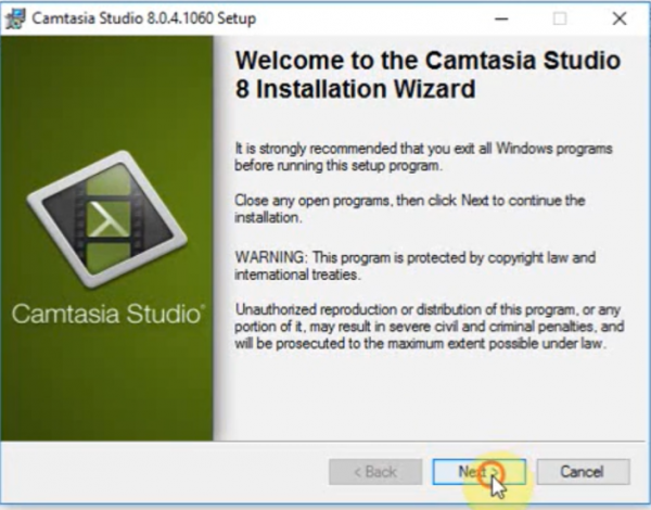 Chọn next và tiến hành cài đặt phần mềm Camtasia Studio 8