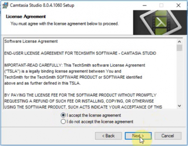 Tick và chọn next để cài đặt phần mềm Camtasia Studio 8